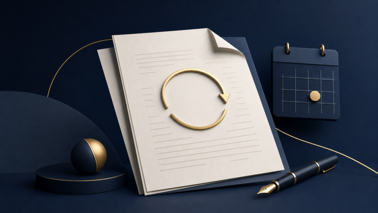Illustration d’un contrat B2B avec renouvellement automatique et échéance calendrier